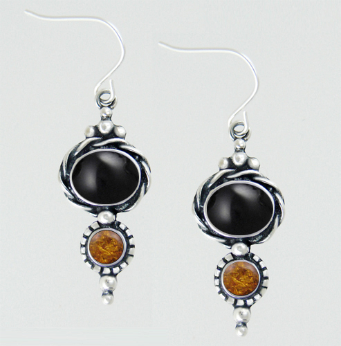 Sterling Silver Black Onyx And Amber Gemstone Drop Dangle Earrings